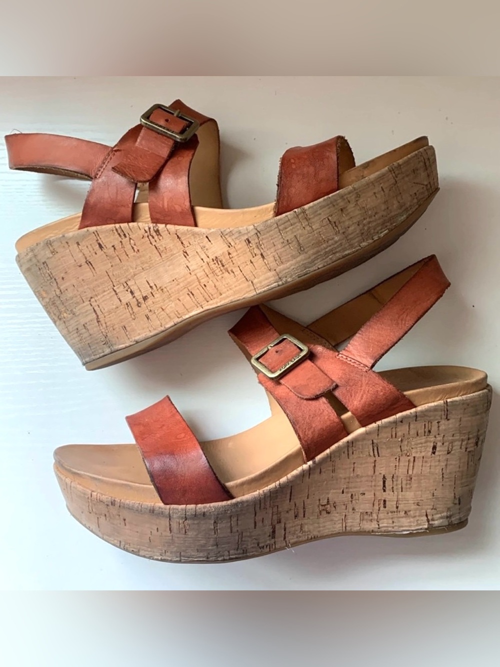 Kork-Ease Cognac Brown Leather Cork Platform Wedges Women’s Size 8